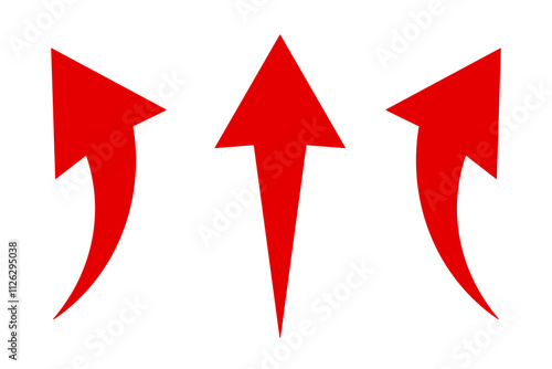 A simple, red, straight, curved arrows point to the up on a white background. Direction symbol. Arrow symbol for app, UI, web. Vector illustration