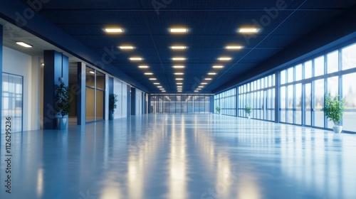 Modern Office Building Hallway with Rows of Lighting and Glass Walls