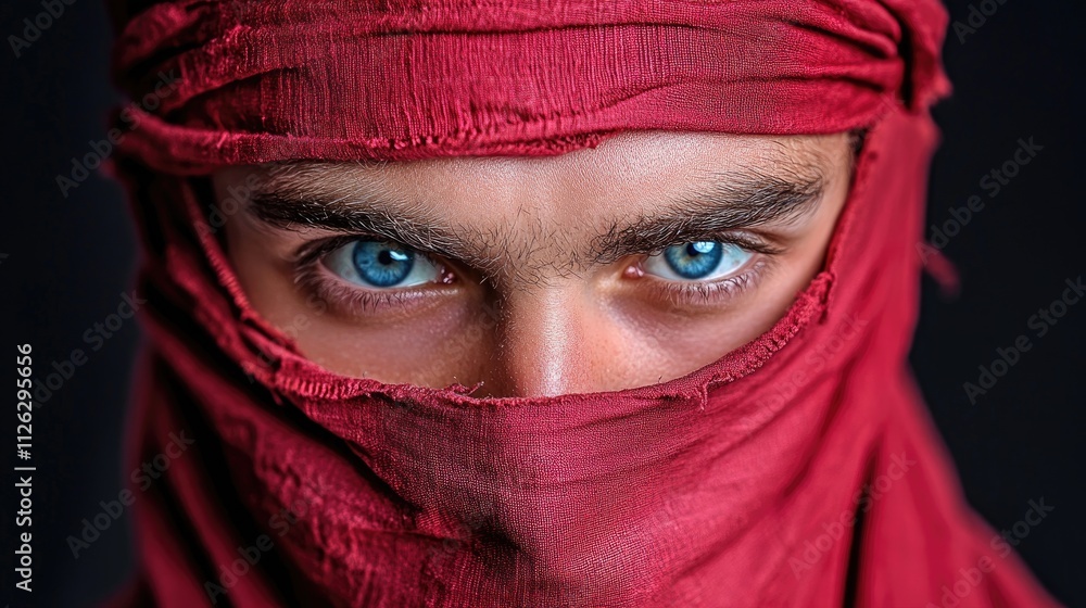 Intense Blue Eyes Peering Through Red Fabric, Mysterious Gaze Captured in Close-Up Portrait with Dark Background Intense Blue Eyes Peering Through Red Fabric, Mysterious Gaze Captured in Close-Up Portrait with Dark Background