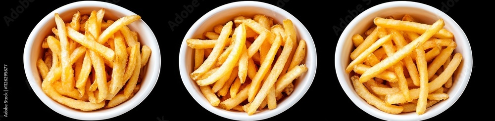 Golden-brown french fries arranged in three small bowls forming a triangle on a black background, crispy texture, freshly cooked. Golden-brown french fries arranged in three small bowls forming a triangle on a black background, crispy texture, freshly cooked.