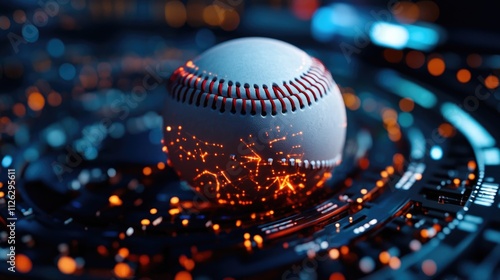 Futuristic Baseball on Digital Circuit Board with Glowing Lights and Technological Elements in a Sci-Fi Setting