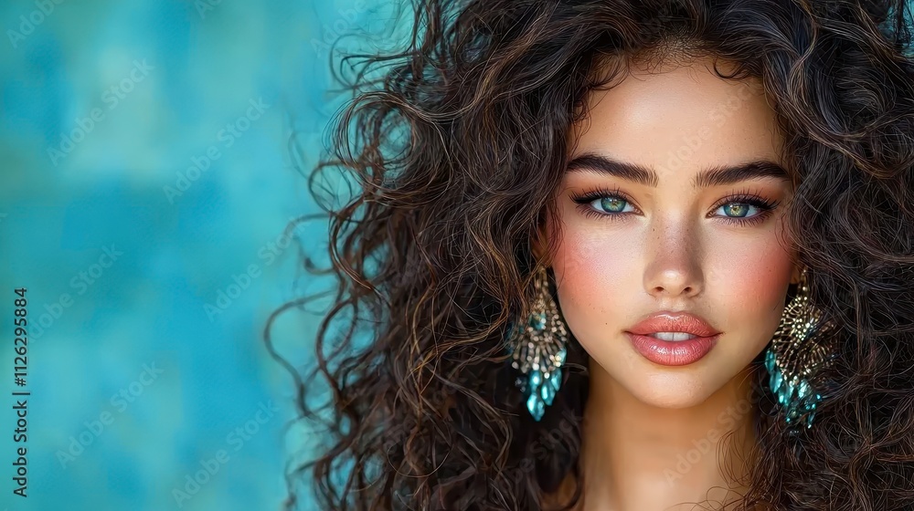 A striking portrait of a woman with curly hair, vibrant makeup, and bold earrings, set against a colorful backdrop.