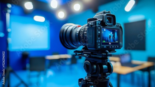 Professional Video Camera on Tripod in Blue Studio Room with Microphone and Large Screen, Tables and Chairs in Background