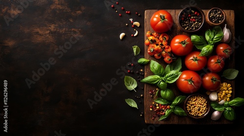 Flat lay of fresh tomatoes, basil, and spices on a rustic wooden background with a cutting board.