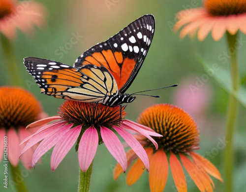 monarch butterfly, vibrant orange wings, black veins, white spots, yellow flowers, green leaves, soft focus background, macro photography, detailed wings, nature close-up, delicate insect, pollinator,