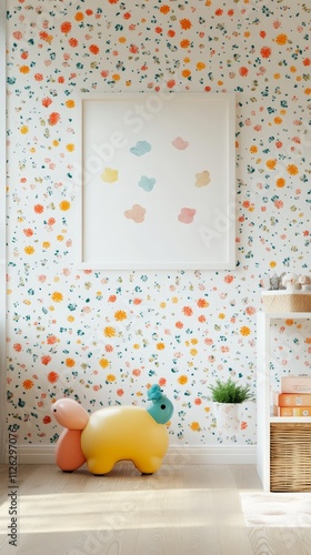 Whimsical Nursery Decor: Pastel Yellow Bunny Chair and Floral Wallpaper 
