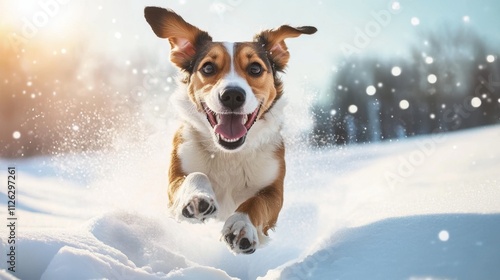 Portrait of a happy dog running in snow at winter. ai generative