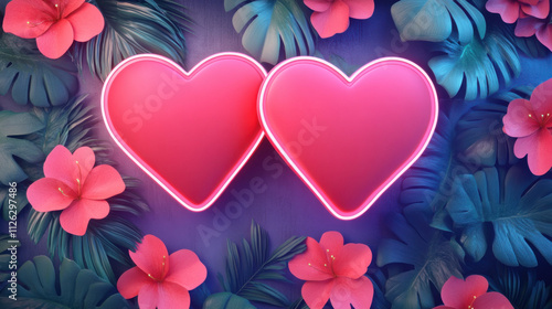 Bright pink hearts surrounded by tropical leaves and flowers create romantic atmosphere. Perfect for love themed designs and celebrations