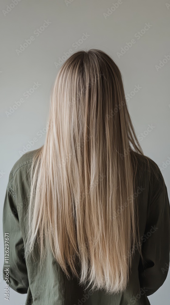 Fototapeta premium Long Blonde Hair: Back view of a woman with long, straight, blonde hair. The hair is healthy and shiny, showcasing its length and texture.