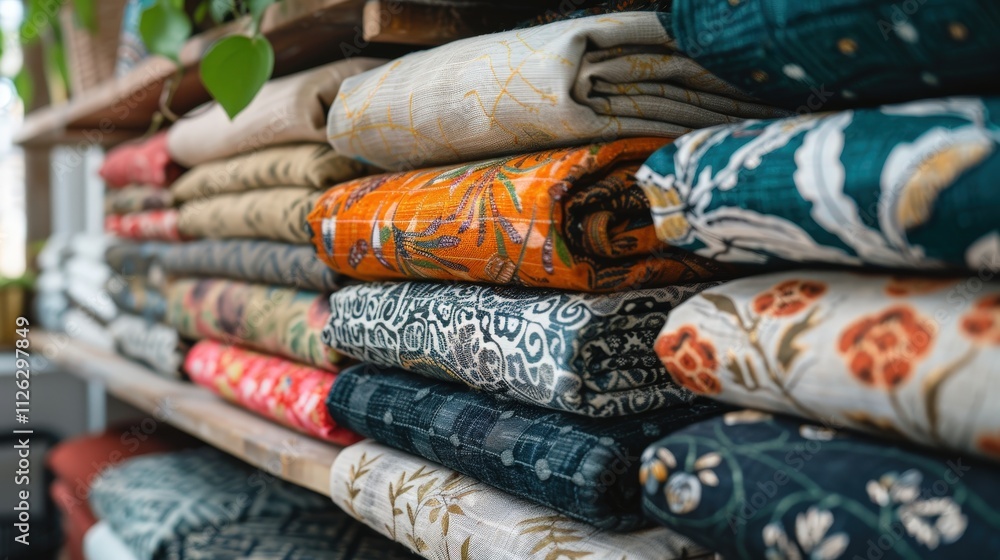 Vibrant Display of Eco-Friendly Fabrics Showcasing Unique Patterns and Textures in Thoughtful Arrangement Vibrant Display of Eco-Friendly Fabrics Showcasing Unique Patterns and Textures in Thoughtful Arrangement