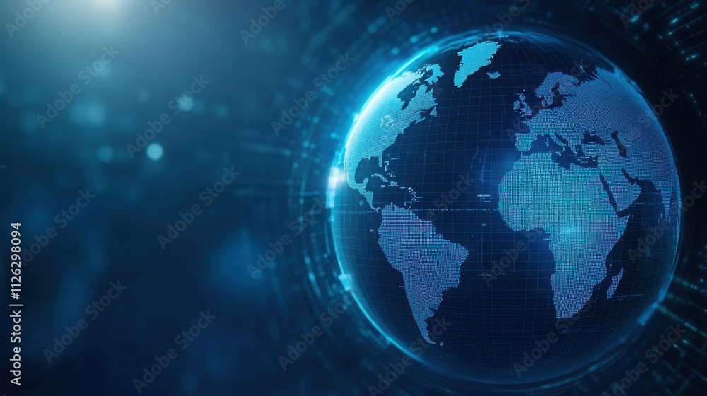 Digital globe with futuristic design, showcasing continents and data connections. Digital globe with futuristic design, showcasing continents and data connections.