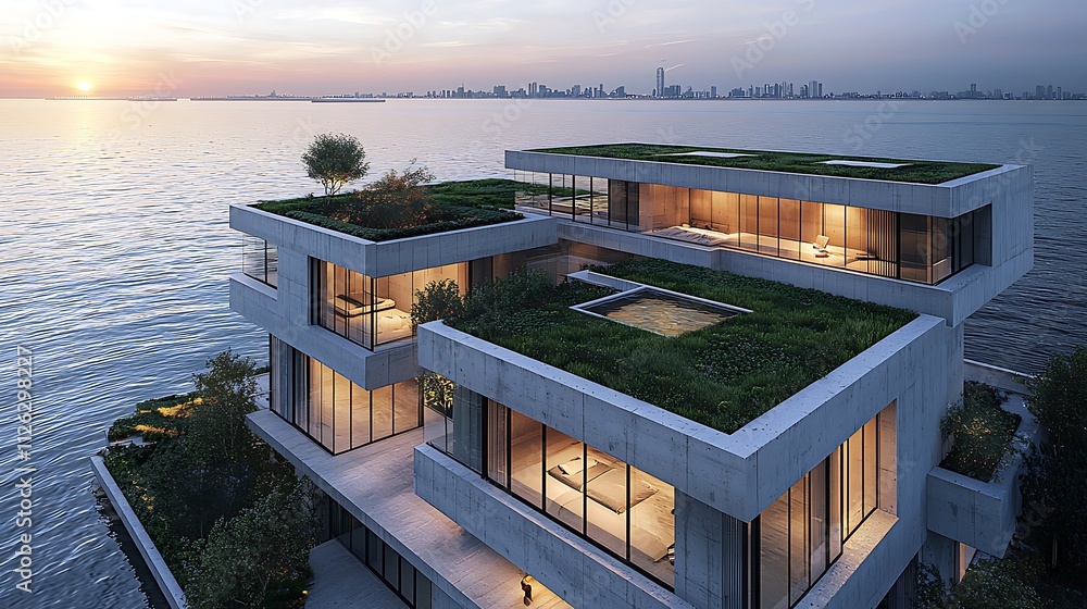 Fototapeta premium Modern Waterfront House with Green Roof at Sunset.