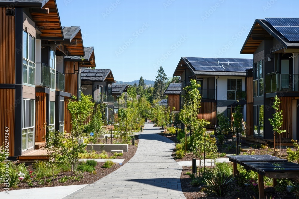 Modern Residential Area with Eco-Friendly Housing and Walkway Modern Residential Area with Eco-Friendly Housing and Walkway