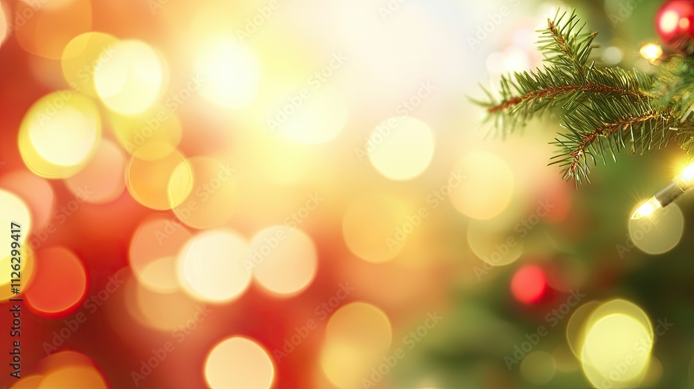 Obraz premium Christmas Tree Branch with Ornaments and Lights, Close-up of a Christmas tree branch with red ornaments and golden bokeh lights, creating a warm and festive ambiance.