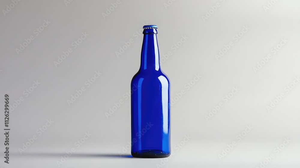 A vibrant blue beer bottle featuring a plain white label, placed against a smooth grey background, perfect for branding and promotional use. A vibrant blue beer bottle featuring a plain white label, placed against a smooth grey background, perfect for branding and promotional use.