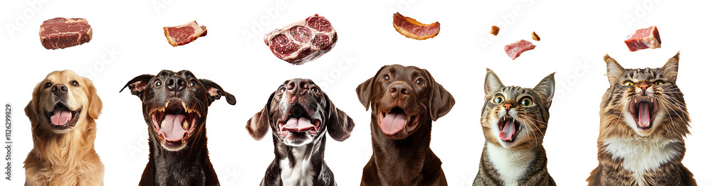 Obraz premium A group of four dogs and two cats eagerly looking up at pieces of raw meat suspended in mid-air, showcasing their playful expressions and excitement on a white background.