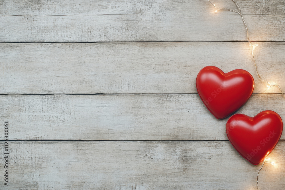 Two red hearts on rustic wooden background with fairy lights create romantic atmosphere for Valentine Day Two red hearts on rustic wooden background with fairy lights create romantic atmosphere for Valentine Day