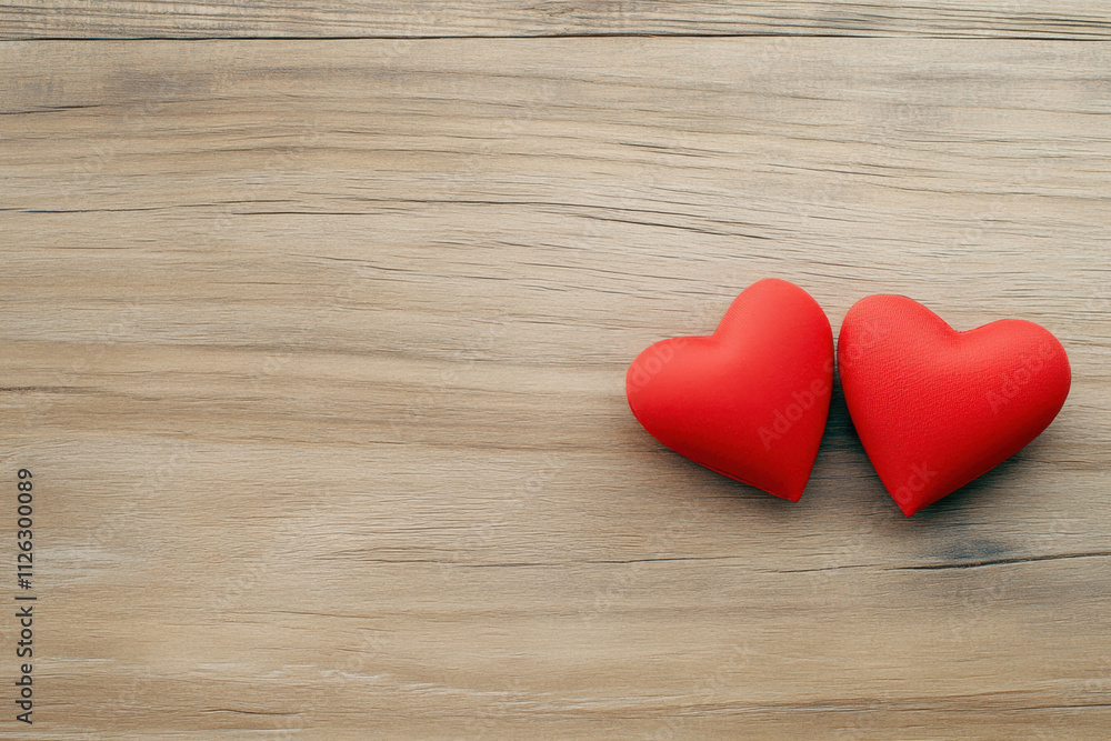 Two red hearts on wooden surface create romantic atmosphere for Valentine Day Two red hearts on wooden surface create romantic atmosphere for Valentine Day