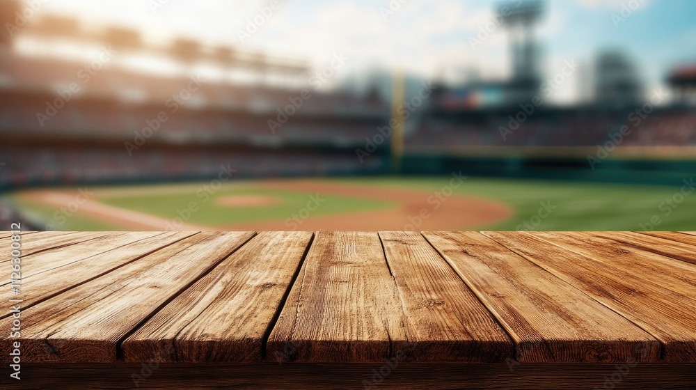 A wooden table surface in focus, with the lively atmosphere of a baseball stadium blurred in the background, adding energy to the scene A wooden table surface in focus, with the lively atmosphere of a baseball stadium blurred in the background, adding energy to the scene