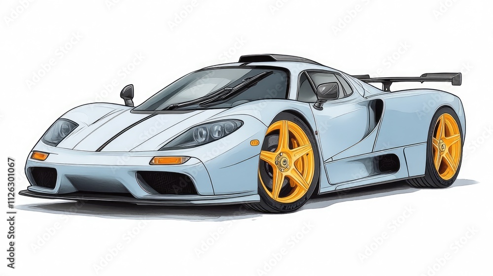 Fototapeta premium Sleek White Sports Car with Golden Rims and Aerodynamic Design on a White Background