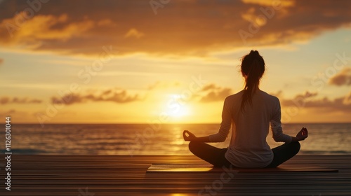 A person meditating at sunrise by the sea, in a tranquil yoga pose, embracing peace and mindfulness.