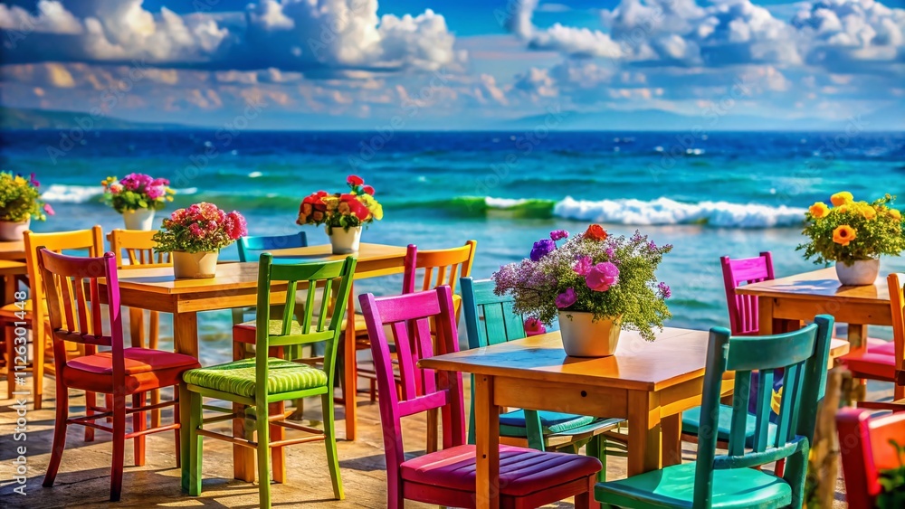Obraz premium Oceanfront Cafe Tables - Colorful Coastal Dining