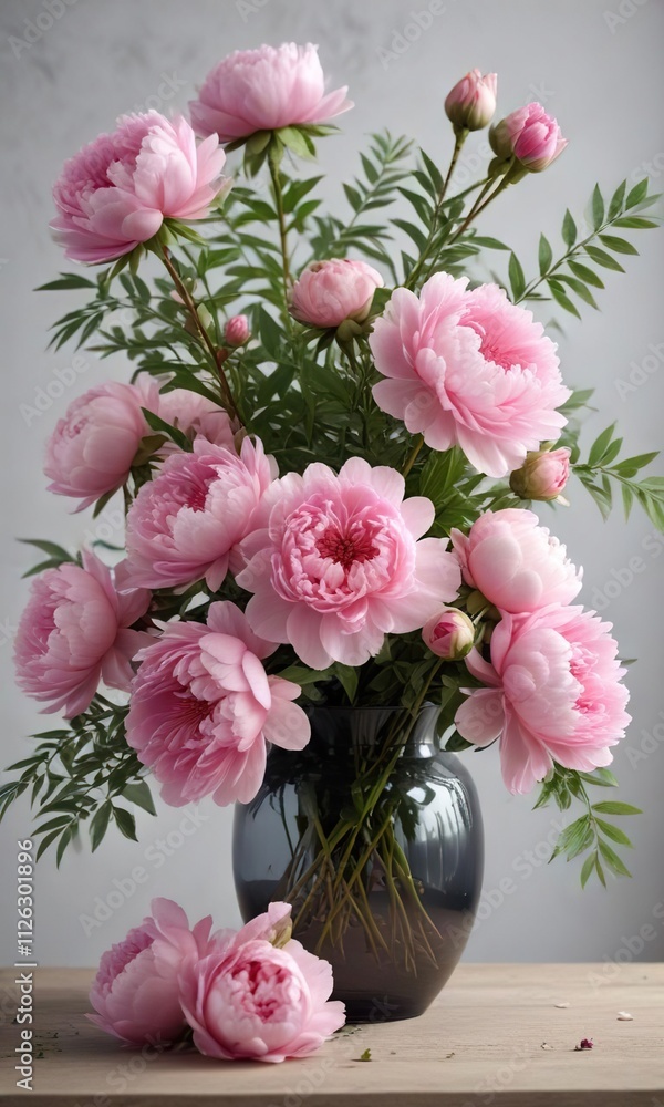 Obraz premium Fresh pink peonies and roses in a vase with branches, branch decoration, table setting, elegant decor