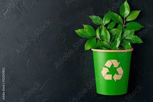 A vibrant green pot with a recycling symbol holds fresh leaves against a dark textured background, emphasizing sustainability and eco-friendliness.