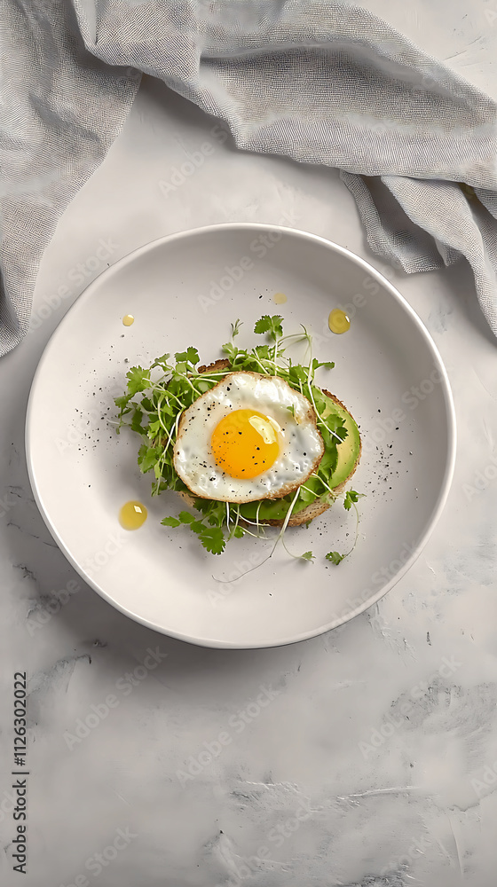 Avocado Toast with Sunny Side Eggs and Microgreens on Rustic Plate Avocado Toast with Sunny Side Eggs and Microgreens on Rustic Plate