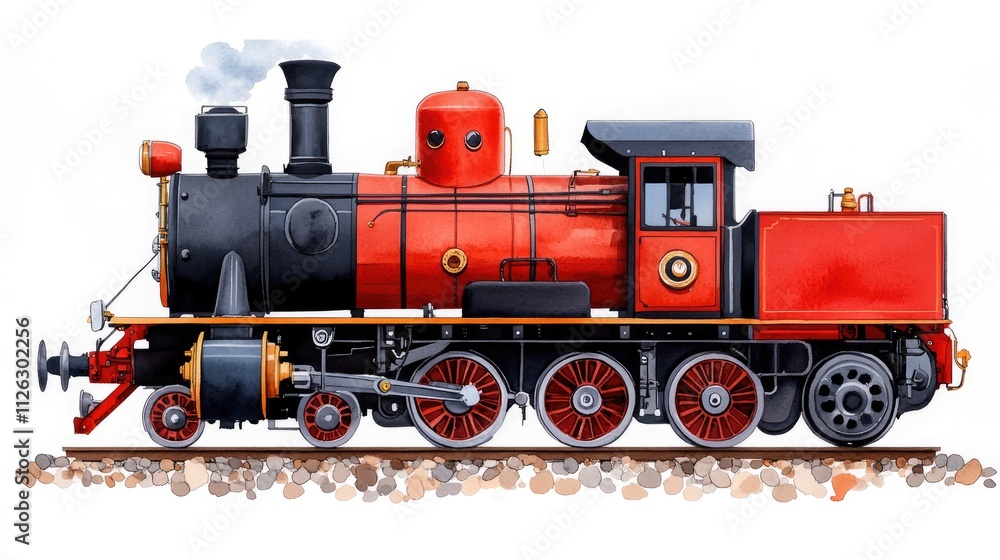 Fototapeta premium Vintage Steam Locomotive Illustration with Red and Black Design on White Background