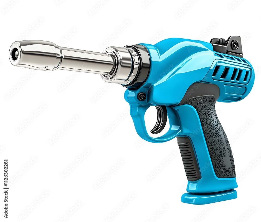 Blue gasoline pistol pump, sleek design, intricate details, vibrant color, industrial aesthetic, modern interpretation of fuel dispensing equipment Blue gasoline pistol pump, sleek design, intricate details, vibrant color, industrial aesthetic, modern interpretation of fuel dispensing equipment
