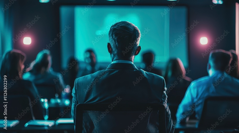 A dimly lit conference room with a man in a suit facing a presentation screen, surrounded by an audience engaged in a discussion. A dimly lit conference room with a man in a suit facing a presentation screen, surrounded by an audience engaged in a discussion.