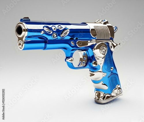 Blue gasoline pistol pump, sleek design, vibrant color, industrial aesthetic, modern interpretation, functional yet artistic, unique object display. photo