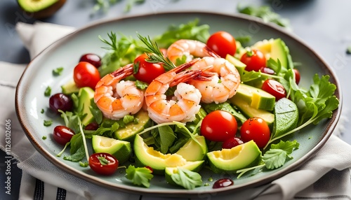 Prawn avocado salad with tomato cherry and herbs. Healthy food 