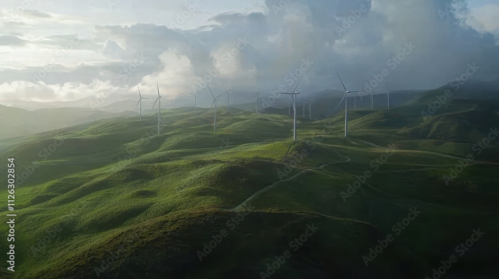 Scenic Wind Turbines on Lush Green Hills Under Cloudy Sky Scenic Wind Turbines on Lush Green Hills Under Cloudy Sky