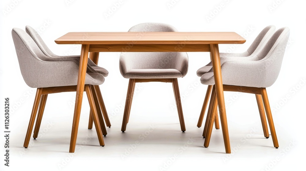 Stylish wooden dining table with cozy fabric chairs, perfectly isolated on white background, designed for modern kitchen ads and home decor Stylish wooden dining table with cozy fabric chairs, perfectly isolated on white background, designed for modern kitchen ads and home decor