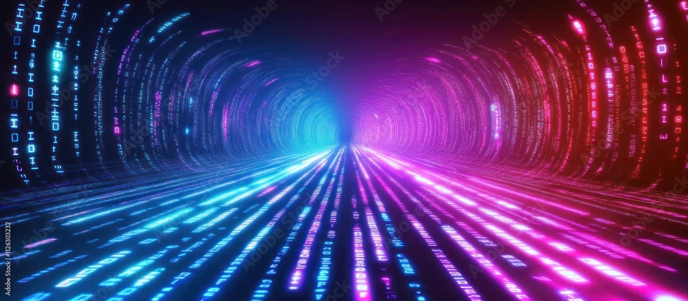 A network of glowing binary code streams with neon lights, against a sleek, dark technological background, representing the digital information highway A network of glowing binary code streams with neon lights, against a sleek, dark technological background, representing the digital information highway