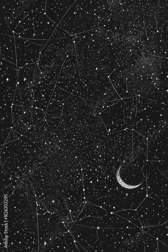 Sketch engraving of a starry night sky with intricate constellations and crescent moon in monochrome.