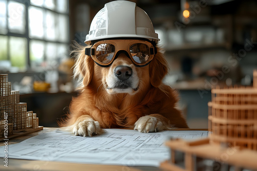 Close-up of the boss's ginger dog in helmet and stylish glasses at table and looking at architectural plans and building layouts in modern office. Concept of advertising in social media or marketing photo