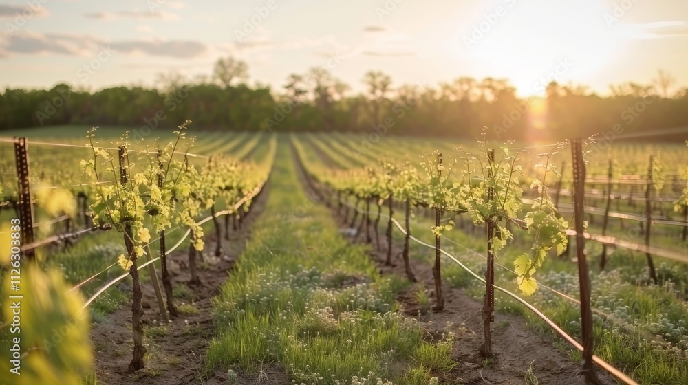 Vibrant vineyard in late spring rows of blooming grape vines bathed in bright sunlight Vibrant vineyard in late spring rows of blooming grape vines bathed in bright sunlight