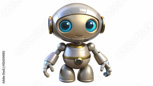 A 3D, chibi-style AI robot with large, shiny eyes, a small body, and a friendly pose, set against a white background