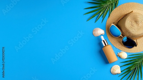 A vibrant summer flat lay featuring a straw hat, sunglasses, sunscreen, seashells, and tropical leaves against a bright blue background.