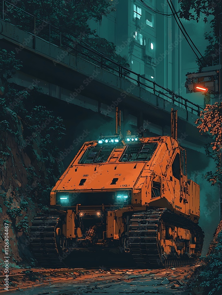 Futuristic Orange Tracked Vehicle Under City Overpass at Night. Futuristic Orange Tracked Vehicle Under City Overpass at Night.
