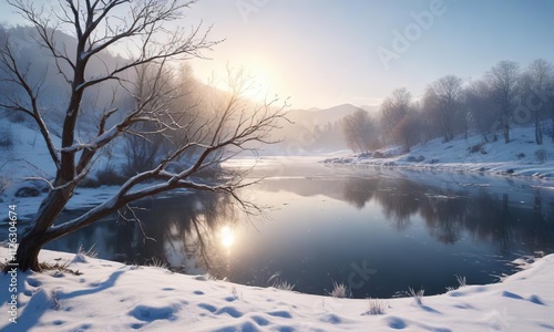 Frosty morning with snowflakes gently falling, bare branches and sparkling ice, frozen pond and snow-covered hills, snowflakes, frozen pond