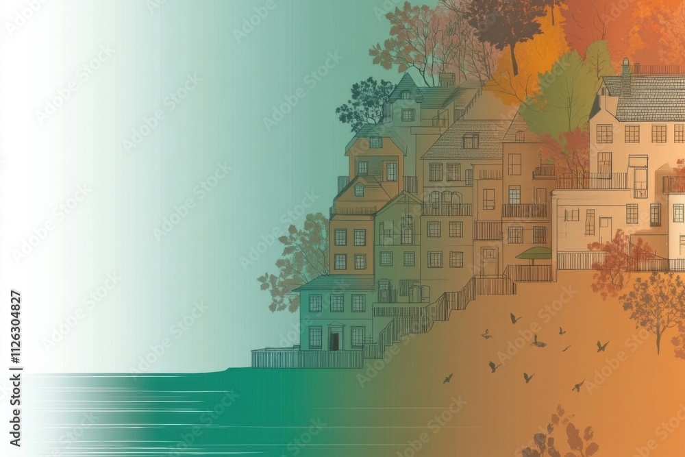 Fototapeta premium Minimalistic coastal scene with autumn hues and seaside architecture