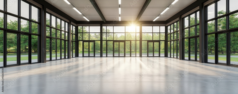 Modern empty space with large glass windows allowing natural light and a view of greenery outside. Modern empty space with large glass windows allowing natural light and a view of greenery outside.