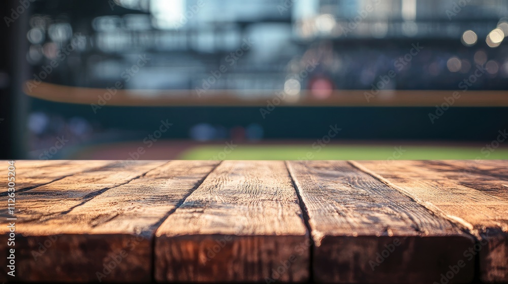 Close-up of a rustic wooden table with an out-of-focus baseball stadium in the background, capturing the lively vibe and texture of the surface. Close-up of a rustic wooden table with an out-of-focus baseball stadium in the background, capturing the lively vibe and texture of the surface.
