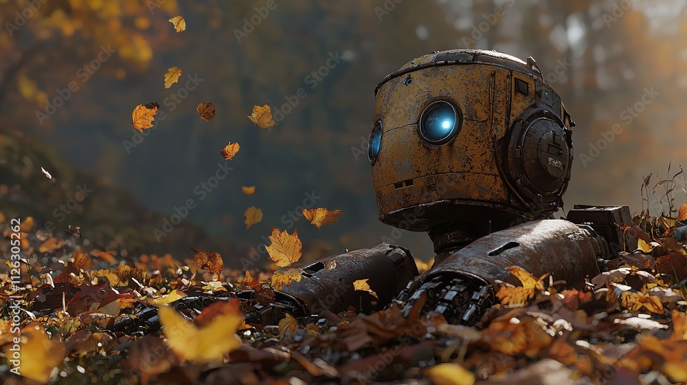 A Rusty Robot Rests on the Ground Surrounded by Lush Greenery A Rusty Robot Rests on the Ground Surrounded by Lush Greenery
