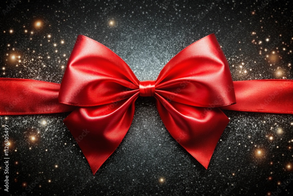 Elegant bow made of satin red ribbon on a shiny black background. Elegant bow made of satin red ribbon on a shiny black background.