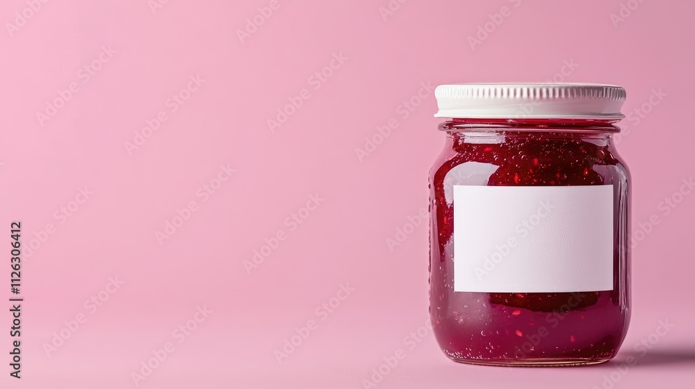 Close-up of raspberry jam jar with blank white label, set against a pastel pink background, ideal for custom branding and packaging. Close-up of raspberry jam jar with blank white label, set against a pastel pink background, ideal for custom branding and packaging.